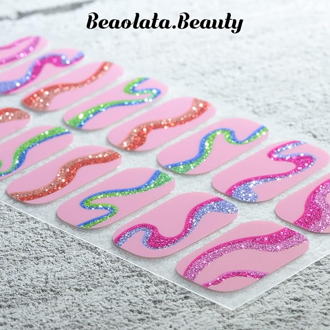 Nail Polish Strips, 32PCS Salon Quality Wraps, Long Lasting Gel Nail Stickers for Women Easy Apply& Remove (Modern Geometric Pink)