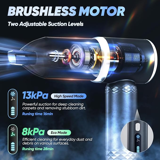 SakerPlus Mini Vacuum Cleaner, 3 in 1 Cordless Handheld Vacuum Cleaner, 13000Pa High Power Car Vacuum Cleaner with Brushless Motor,Adjustable Car Vaccum Portable Cordless for Cars,Desktop-DBS03