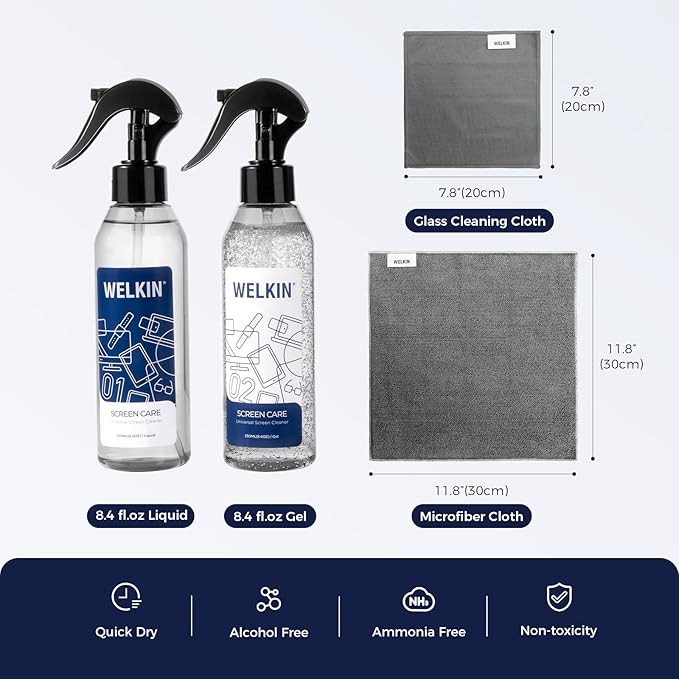 WELKIN Screen Cleaner Spray Kit (250ml + 250ml) - Cleaning Mist and Gel for TV, Laptop, Computer, Phone Touchscreen - 2 Sprayers, 1 Microfiber Cloth & 1 Glass Wipe Included