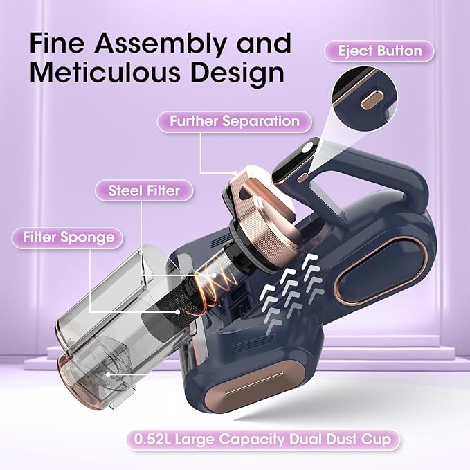 Bed Mattress Vacuum Cleaner Cordless 16Kpa Handheld Vacuum, Vacuum Cleaner with 253.7nm UV-C Light,HEPA Filter & Ultrasonic, Portable Vacuums for Sofa Couch Crib Birthday Gifts for women blue+gold