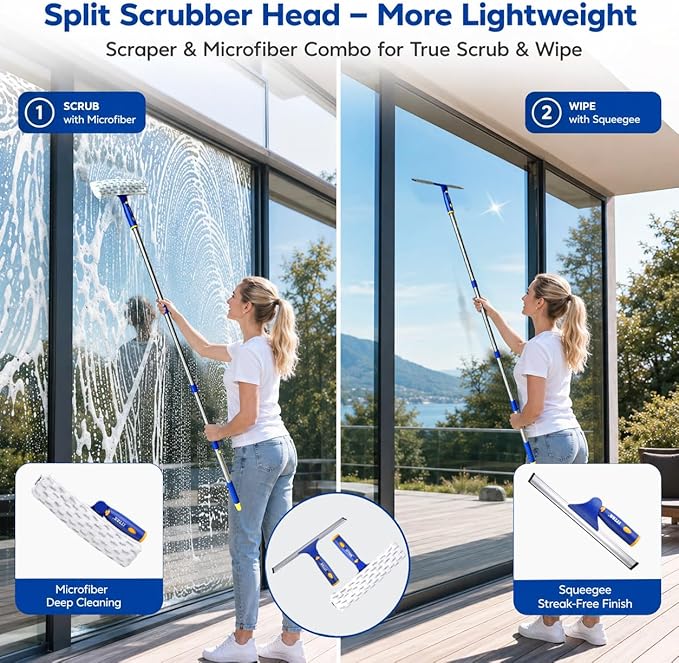 ITTAR Window Squeegee Cleaning Kit with 60 Inch Extension Pole, Glass Cleaner Tool 12" Rubber Blade & 2 Microfiber Pads, Window Washing Equipment for High Windows, Shower Doors, Car Windshield