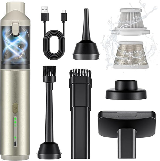 Car Vacuum Portable with 16000Pa Powerful Suction, Handheld Vacuum Cordless Rechargeable Blow & Suction 4 in 1, Small Vacuum Cleaner for Car, Outdoor, Home, Office (Gold Renew)