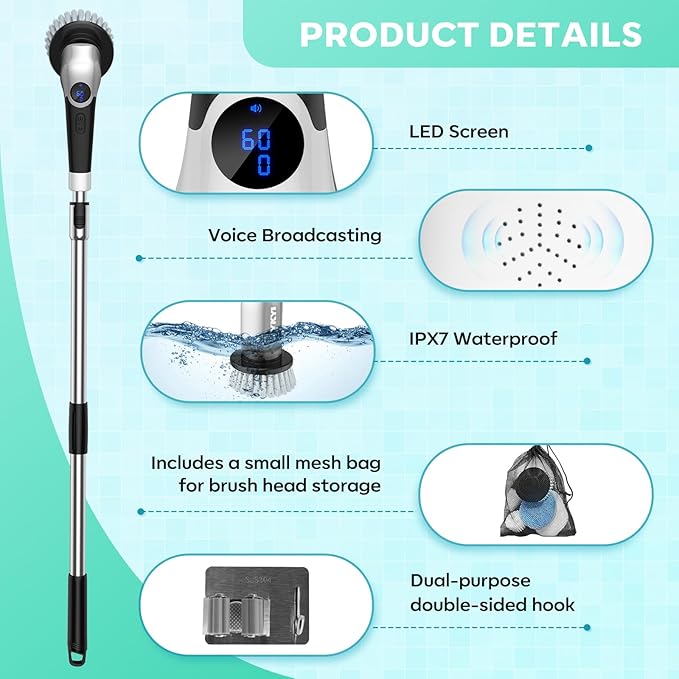 YKYI Cordless Electric Spin Scrubber, Power Cleaning Brush with 8 Replaceable Heads & Extension Handle for Bathroom, Tub, Tile, Floor, Car