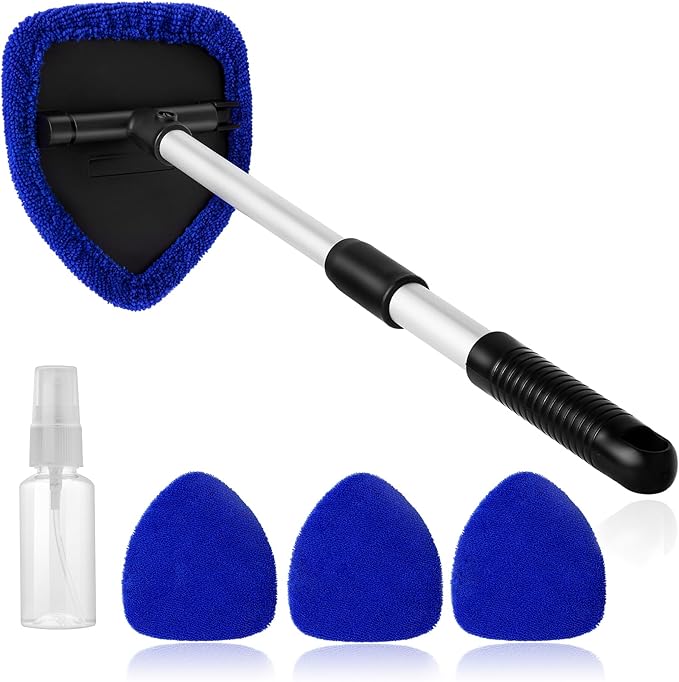 Qydipclin 11pcs Windshield Cleaner Tool, Car Window Cleaning Wash Kit with 6 Reusable Microfiber Pads 2 Spray Bottles and Extendable Handles Auto Glass Wiper Kit, Blue & Green