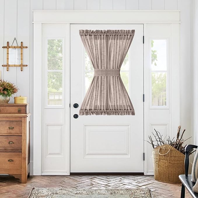 jinchan Linen French Door Curtain with Open Weave Door Curtain 40 Inches Long Drape Rod Pocket 1 Panel Light-Filtering Privacy Window Decor 1 Tieback Included Taupe Semi-Sheer