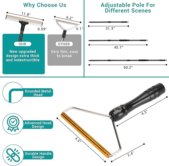62" Carpet Rake for Pet Hair Removal – Adjustable Carpet Broom Bundle with Carpet Scraper & Hair Picker, Pet Hair Removal Tool for Dog & Cat Hair, Rug Rake Carpet Brush for Furniture & Carpets
