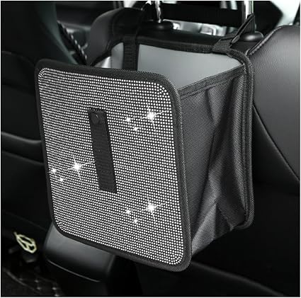 Car Trash Can, Bling Rhinestone Crystal Waterproof Hanging Garbage Bag for Car Interior, Oxford Leakproof Foldable Waste