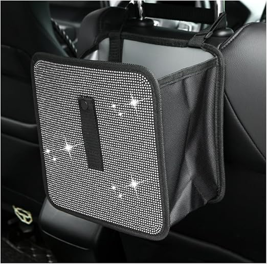 Car Trash Can, Bling Rhinestone Crystal Waterproof Hanging Garbage Bag for Car Interior, Oxford Leakproof Foldable Waste