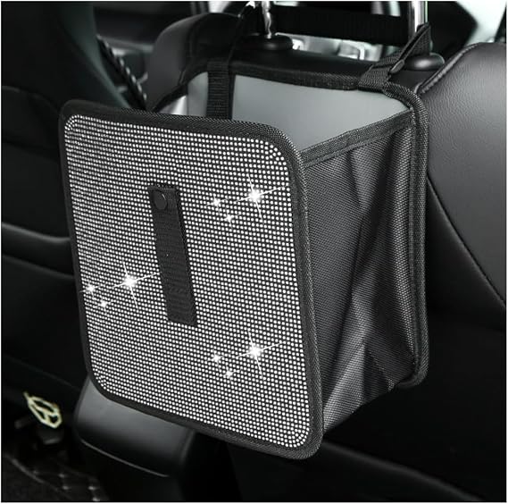 Car Trash Can, Bling Rhinestone Crystal Waterproof Hanging Garbage Bag for Car Interior, Oxford Leakproof Foldable Waste