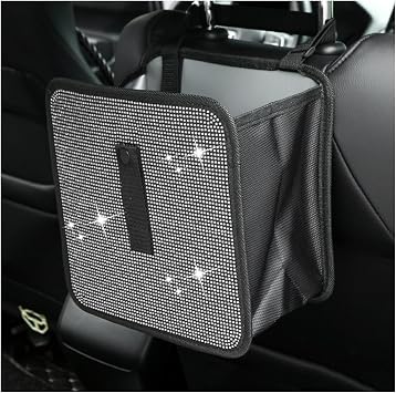 Car Trash Can, Bling Rhinestone Crystal Waterproof Hanging Garbage Bag for Car Interior, Oxford Leakproof Foldable Waste