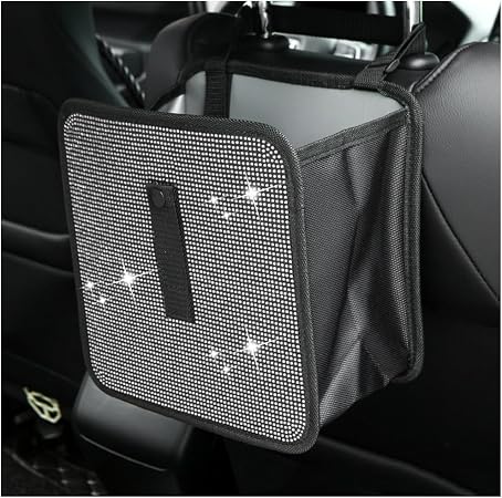 Car Trash Can, Bling Rhinestone Crystal Waterproof Hanging Garbage Bag for Car Interior, Oxford Leakproof Foldable Waste