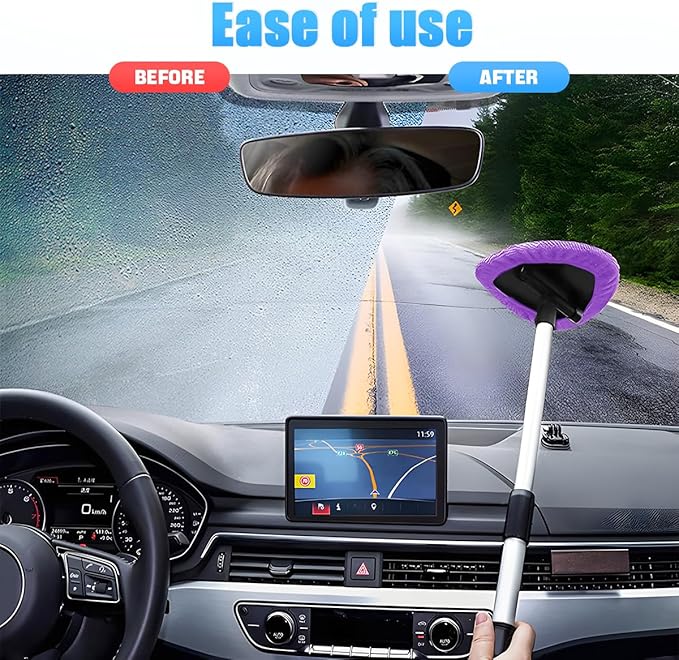 Windshield Cleaning Tool, Car Window Cleaner with Extendable Long Handle and 4 Washable Reusable Microfiber Pads, Auto Interior Exterior Glass Wiper Cleaning Kit Universal for Office and Home (Pueple)