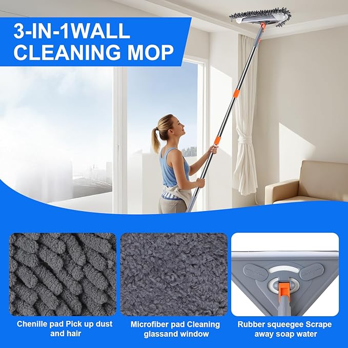 Wall Mop with 80 Inches Long Handle, Wall Cleaner Mop Tool for Window/Walls/Ceiling Fans/Dust/Baseboard/Floors Clean, 360° Ceilings Cleaner Tool Duster with Squeegee 6 Replacement Pads