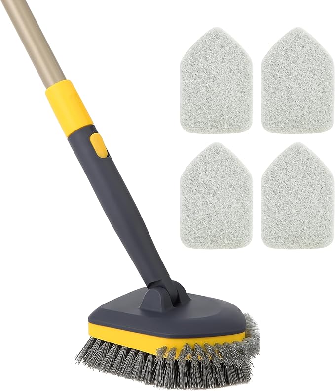 Yocada Tub Tile Scrubber Brush 2 in 1 Cleaning Brush Telescopic Pole Stiff Edge Bristles 4*Scouring Pads for Bathroom Shower Floor Corner Cleaning Non Scratch 58.2"