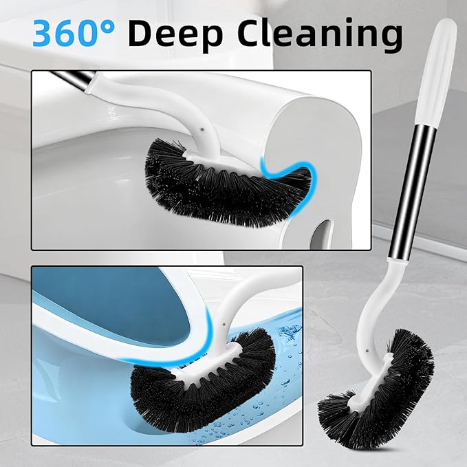 Toilet Brush and Holder Set, Curved Toilet Brush with Stainless Steel Handle, Under Rim Toilet Bowl Brush for Deep Cleaning, Drip-Proof, White