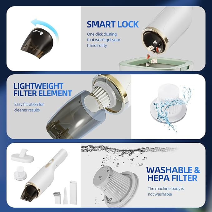 Cordless Car Vacuum Cleaner with UV Light, 2-in-1 Suction & Blower, Mini Handheld Vacuum with HEPA Filter, LED Light, 4 Nozzles for Deep Cleaning Home, Sofa, Pet Hair, Keyboard (White)