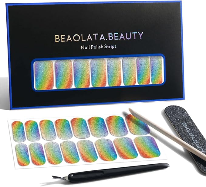 Nail Polish Strips, 32PCS Salon Quality Wraps, Long Lasting Gel Nail Stickers for Women Easy Apply& Remove (Party Rainbow Blue)