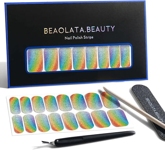 Nail Polish Strips, 32PCS Salon Quality Wraps, Long Lasting Gel Nail Stickers for Women Easy Apply& Remove (Party Rainbow Blue)