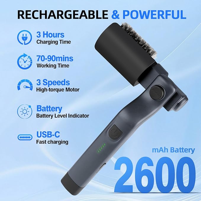 Upgraded Electric Grill Brush, Cordless Rechargeable Grill Cleaning Brush with Adjustable Angle, Stainless Steel Brush Head, 3-Speed Power, 90-Min Runtime, Waterproof Cleaner for BBQ Grates (Gray)