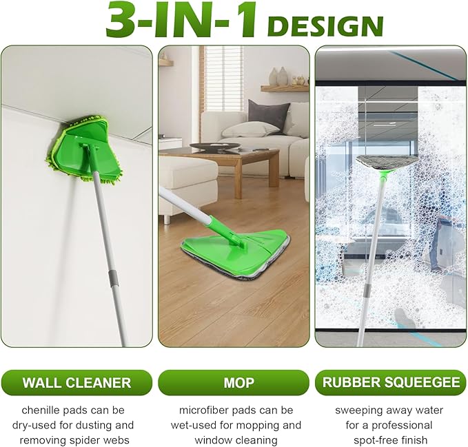 Wall Cleaner Triangle Mop with 82'' Long Handle - Wall Scrubber, Cleaning Washer Tool with 4 Microfiber Chenille Duster Pads for Clean Walls, Ceiling, Windows, Baseboards, Floors (Green, 6 Pads)