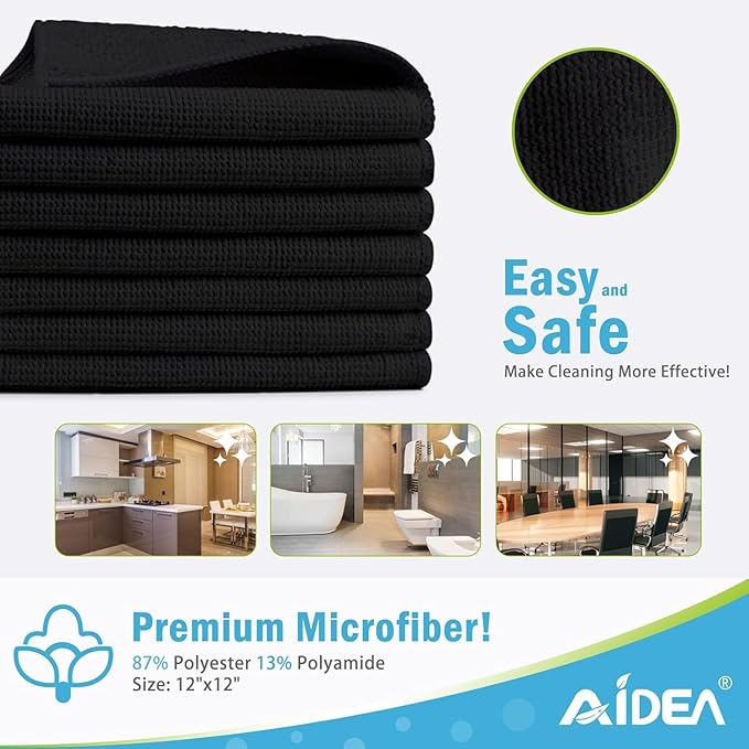 AIDEA Microfiber Cleaning Cloth-800PK, Soft Microfiber Towels for Cars, Absorbent Cleaning Rags, Lint-Free Streak-Free Wash Cloths for House, Kitchen, Window(12in.x12in), Black