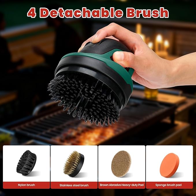 Electric Grill Brush for Outdoor Grill- 4 Replaceable Heads, 3000mAh IPX7 Waterproof BBQ Cleaning Scrubber for Kitchen & Car & Bathroom - Ideal Mother’s for Grill Lovers, Dad, Mom