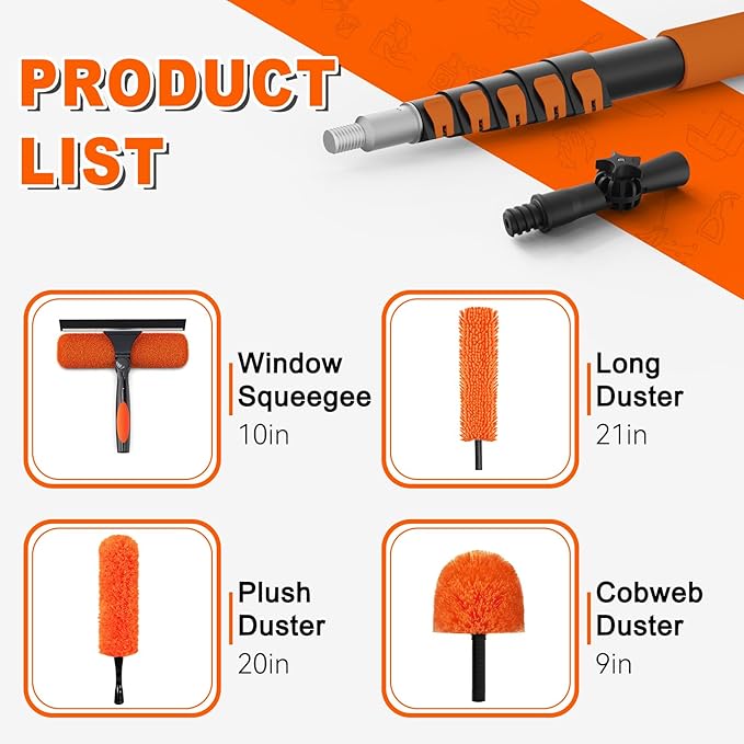SISUPASSIE 30FT Reach High Ceiling Duster Kit, Window Cleaning kit with 5-24FT Extension Pole, Fan Duster for Ceiling Fan Blades, Microfiber Feather Duster, Rotatable Window Squeegee and Cobweb Duster