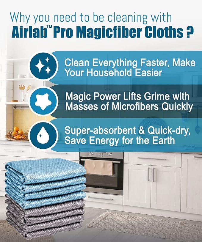 Airlab Streak Free Miracle Cleaning Cloths Easy Clean Nanoscale, Pack of 8, 12'' x 16'', Microfiber Polishing Windows Glass Lint Free Rags Stainless Steel Car Kitchen Reusable