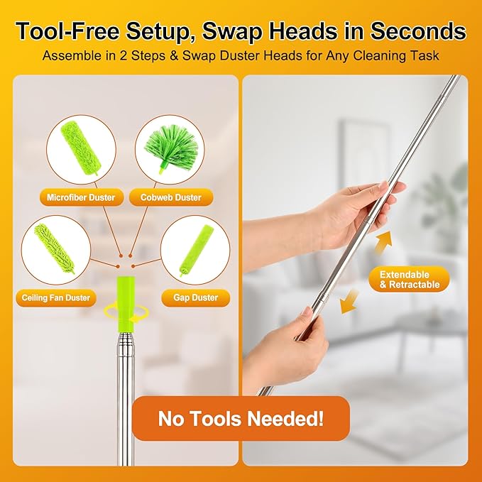 Tiumso Duster with Extension Pole 100 inch Extendable Reusable Dusters for Cleaning 5-in-1 Anti-Spin Dusting Kits for High Ceiling Fans, Cobwebs & Vents, Reinforced Stainless Steel Telescopic Handle