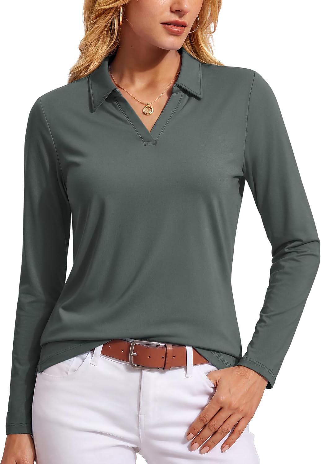 Women's Polo Shirts Long Sleeves Golf Tops V Neck Collared Shirt