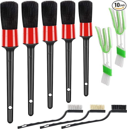 HMPLL 10pcs Auto Car Detailing Brush Set Car Interior Cleaning Kit Includes 5 Boar Hair Detail Brush,3 Wire Brush, 2 Air Vent Brush for Cleaning Car Interior Exterior, Dashboard Engines Leather Wheel