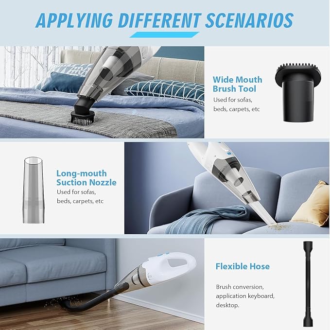 FUOAYOC Handheld Vacuum Cordless,Car Cordless Rechargeable, 6KPA Powerful Suction Hand Held Vacuum with LED Light/Multi Accessories, 1.6lbs Mini Portable Vacuum Cleaner for Home/Car/Office Cleaning