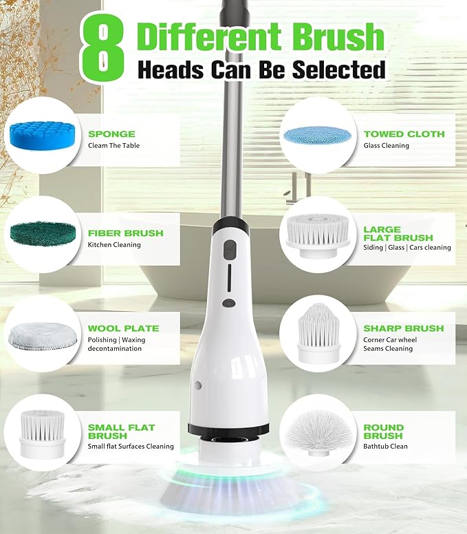 Electric Spin Scrubber for Cleaning,Cordless Waterproof Bathroom Shower Brushes with 9 Heads,1.5H Power Dual Speed Cleaner with Extendable Handles for Bathtub Floor Kitchen Wall
