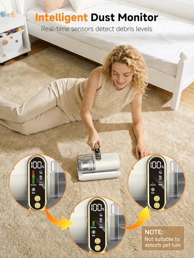 FEPPO Cordless Mattress Vacuum Cleaner, 18Kpa Bed Vacuum with 253.7nm UV-C Light, Ultrasonic, Dust Sensor & LED Display, 52800 BPM Handheld Vacuums for Bed, Sofa, Couch, Crib