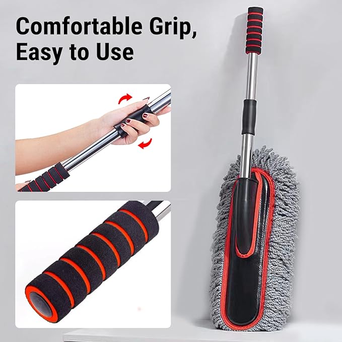 YeewayVeh Car Duster Exterior Scratch Free Microfiber Car Cleaning Brush, Extendable Handle Pollen and Dust Brush for Truck, SUV, Vehicles and Home Cleaning, Gray and Red
