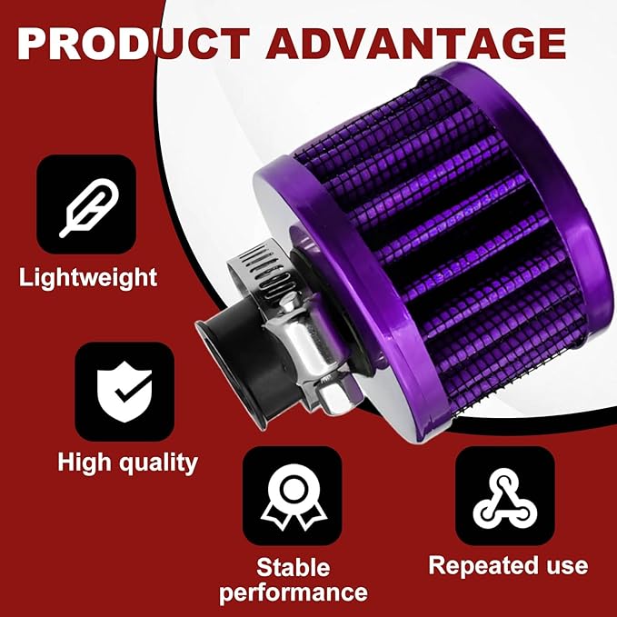 2 Pieces 12mm Universal Air Filter and Crankcase Breather Kit High Flow Cold Air Intake Filter, Turbo Vent Valve Cover Breather for Car Motorcycle Purple