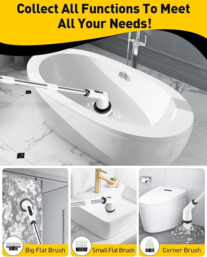 Shower Scrubber with Long Handle, Electric Spin Scrubber for Cleaning Bathroom, Cordless Cleaning Brush with IPX7 Waterproof & 2 Speed, Cleaning Supplies for Shower Tub Kitchen Tile Toilet