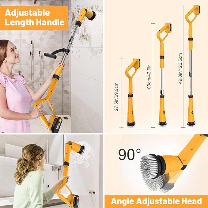1500 RPM Electric Spin Scrubber for DeWalt 20V Battery, Power Shower Scrubber for Bathroom/Floor/Bathtub/Toilet/Tile,Electric Cleaning Brush with Long Handle & 8 Replaceable Brush (Yellow)