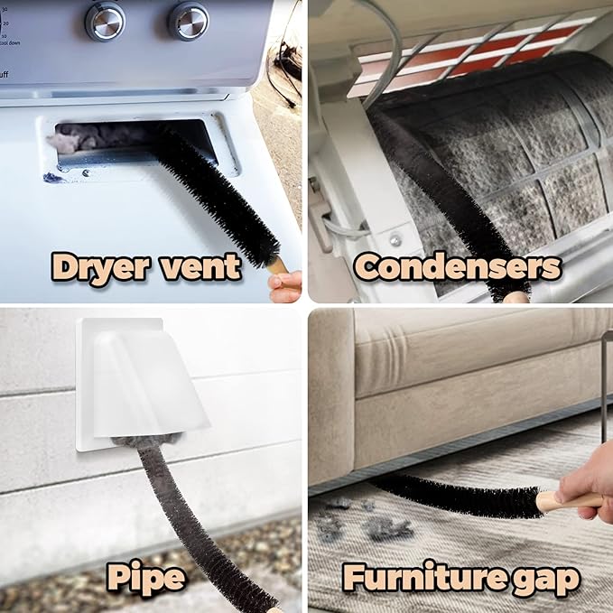 Holikme Dryer Vent Cleaner Kit 4 Pack - Household Cleaning Supplies,Long Flexible Refrigerator Coil Brush Radiator Brush,Dryer Lint Brush Home Essentials for Lint Trap Dust Vacuum Brush