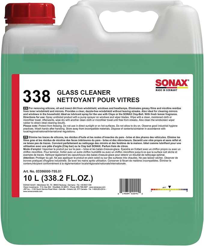 SONAX Glass Cleaner | Powerful Streak Free Formula for Crystal Clear Windows and Mirrors | Easily Removes Dirt Grease and Grime | Safe for Automotive and Household Use | 338600 | 10L