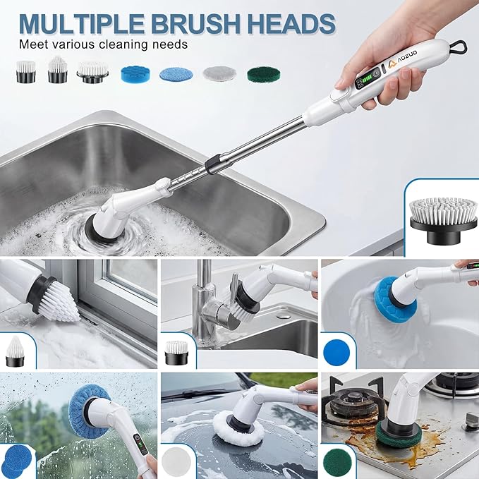 Electric Spin Scrubber, Power Cleaning Brush with 3 Speed Modes LED Light, 7 Replaceable Heads Cordless Shower Scrubber, Long Handle Extendable Scrubber for Bathroom, Floor, Tub, Tile, Grout