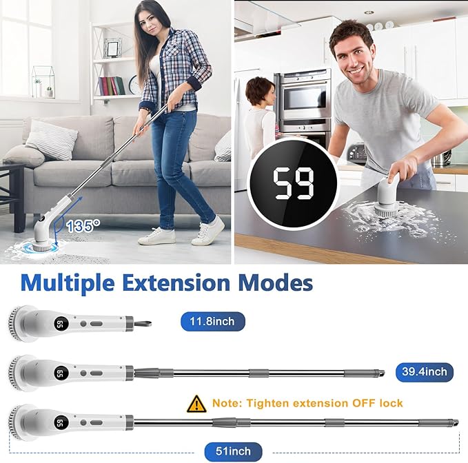 qimedo Electric Spin Scrubber with Extended Long Handle, Rechargeable Handheld Electric Scrubber for Cleaning, Cordless Power Dish Scrubber with 7 Brushes for Bathtub Grout Tile Floor