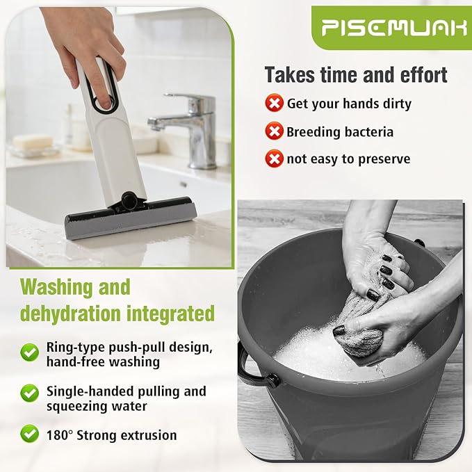Mini Sponge Mop Self Wringing, Foldable Desktop Mop with Upgraded Handle + 2 Refill Heads, Compact Hand Mop for Countertop, Bathroom, Car Glass, Quick Wet & Dry Cleanup