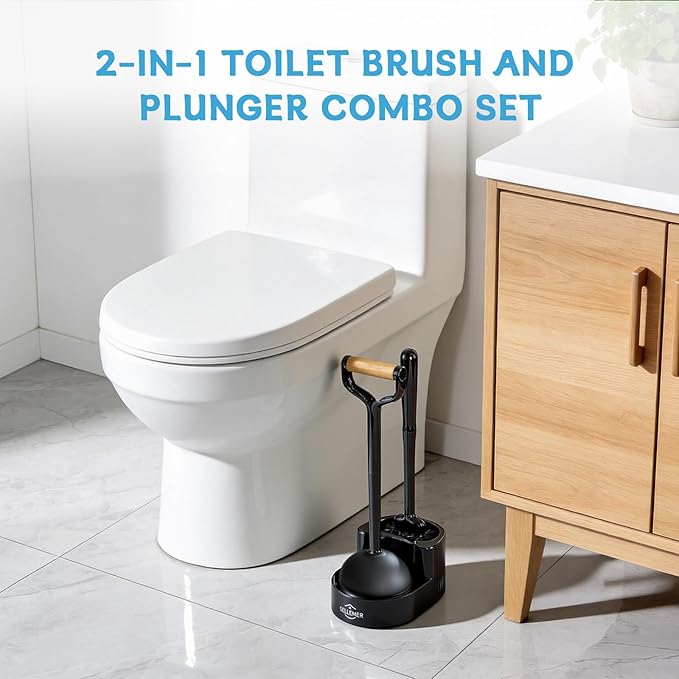 Sellemer Toilet Brush and Plunger Set, Curved Design Head for Deep Cleaning, Heavy Duty Toilet Bowl Brush and Plunger Combo with Holder for Bathroom Cleaning, Black, 1 Pack