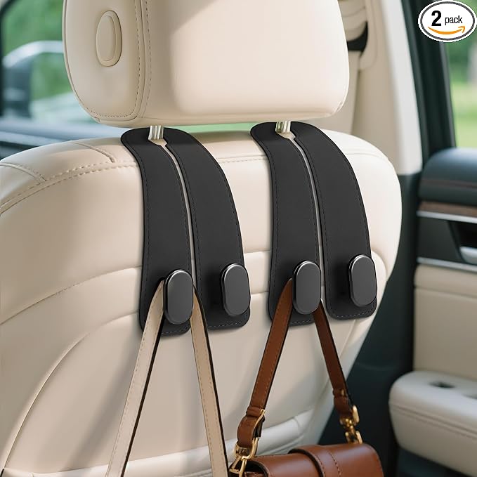 Car Seat Headrest Hooks, 2PCS Universal Car Purse Hook Leather Car Bag Hook