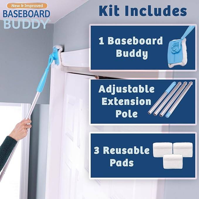 Baseboard Buddy | Lightweight Home Cleaning Essential, Perfect for Baseboards, Moldings & Walls, Glide & Wipe Trapping & Locking Dirt & Dust | As Seen on TV, (1 Baseboard Buddy & 3 Reusable Pads)