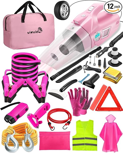Roadside Emergency Car kit for Vehicles, with 4 in 1 Inflatable Car Vacuum Cleaner, Pink Jumper Cables, First Aid Kit, T