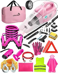 Roadside Emergency Car kit for Vehicles, with 4 in 1 Inflatable Car Vacuum Cleaner, Pink Jumper Cables, First Aid Kit, T