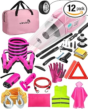Roadside Emergency Car kit for Vehicles, with 4 in 1 Inflatable Car Vacuum Cleaner, Pink Jumper Cables, First Aid Kit, T