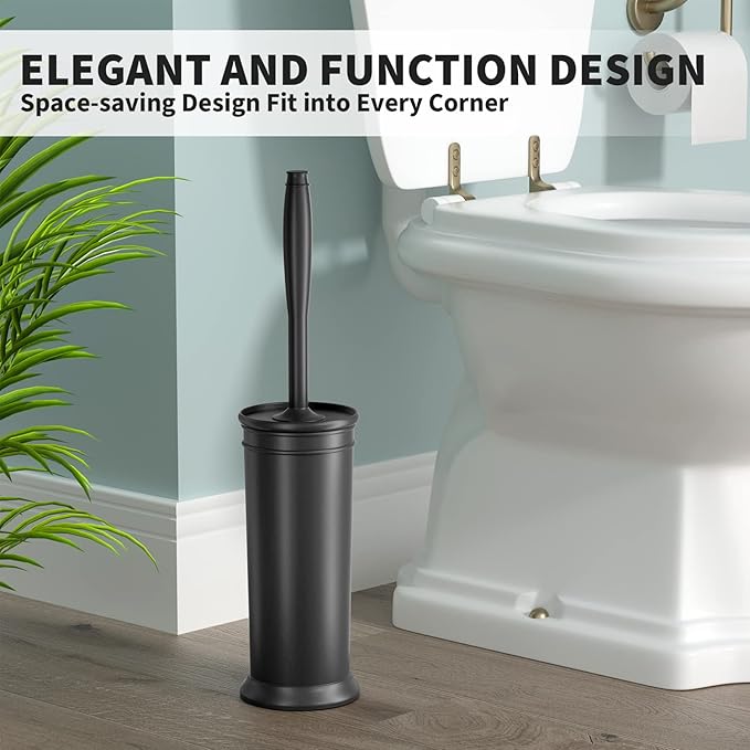 Toilet Brush, Toilet Bowl Brush with Extra Long Handle Durable Bristles Toilet Scrubber and Covered Holder for Toilet Brush Set for Bathroom Cleaning (Black, 1 Set)